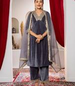 Aask women solid velvet lace work silver color kurta pant & dupatta set