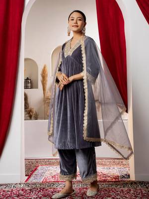 Aask women solid velvet lace work silver color kurta pant & dupatta set 4
