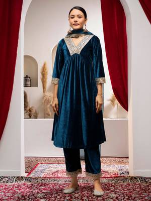 Aask women solid velvet lace work teal color kurta pant & dupatta set 1