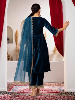 Aask women solid velvet lace work teal color kurta pant & dupatta set 4