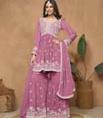 Pink embroidered faux georgette sharara suit