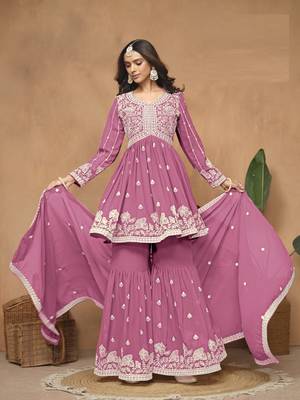 Pink embroidered faux georgette sharara suit 2
