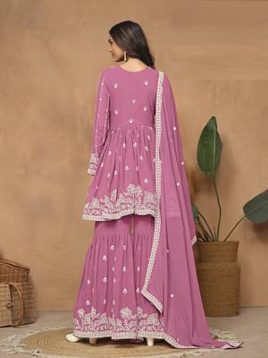 Pink embroidered faux georgette sharara suit 3