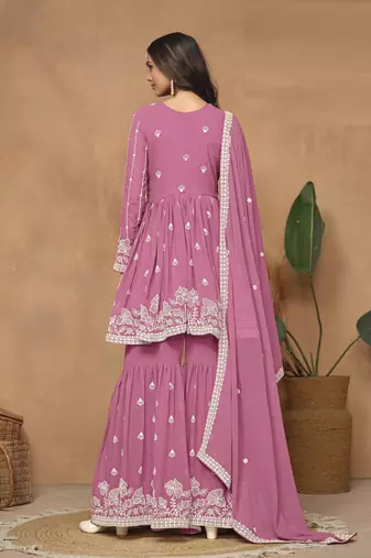 Pink embroidered faux georgette sharara suit