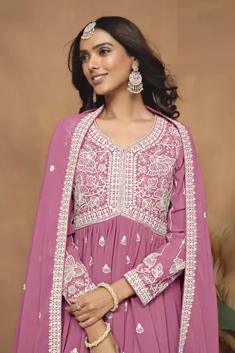 Pink embroidered faux georgette sharara suit