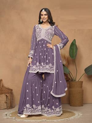 Lavender embroidered faux georgette sharara suit 1