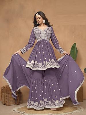 Lavender embroidered faux georgette sharara suit 2
