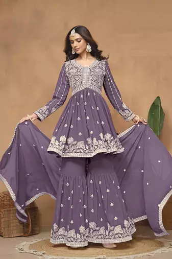 Lavender embroidered faux georgette sharara suit