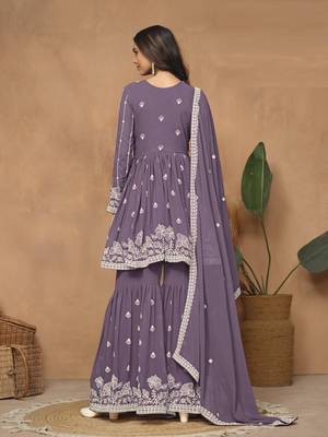 Lavender embroidered faux georgette sharara suit 3