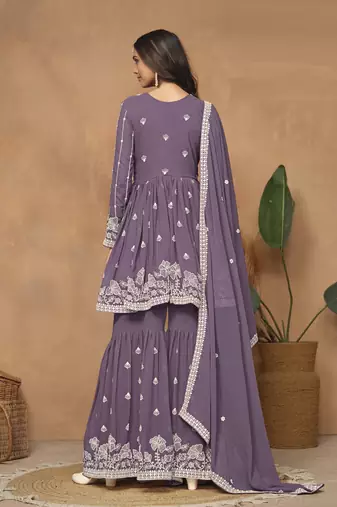 Lavender embroidered faux georgette sharara suit