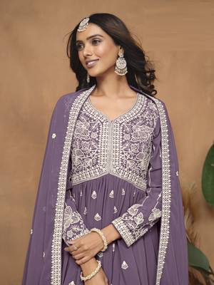 Lavender embroidered faux georgette sharara suit 4