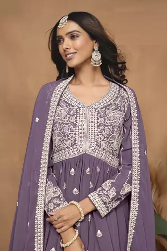 Lavender embroidered faux georgette sharara suit