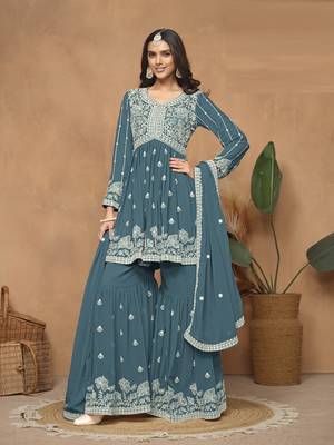 Teal embroidered faux georgette sharara suit 1