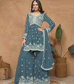 Teal embroidered faux georgette semi stitched sharara suit