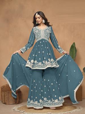 Teal embroidered faux georgette sharara suit 2