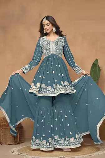 Teal embroidered faux georgette sharara suit