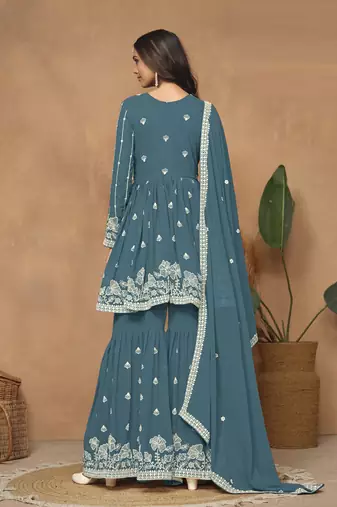 Teal embroidered faux georgette sharara suit