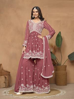 Brown embroidered faux georgette sharara suit 1