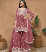 Brown embroidered faux georgette semi stitched sharara suit