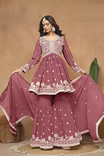 Brown embroidered faux georgette sharara suit