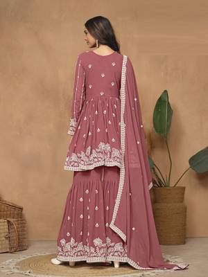 Brown embroidered faux georgette sharara suit 3