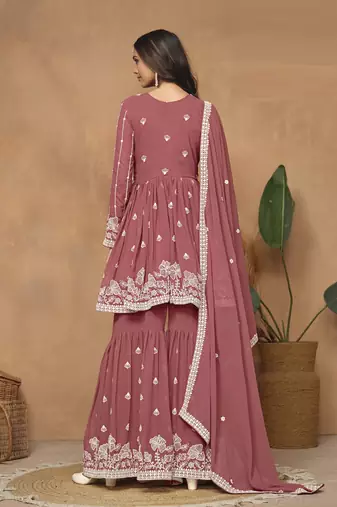 Brown embroidered faux georgette sharara suit