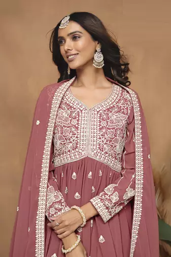 Brown embroidered faux georgette sharara suit