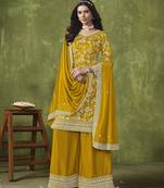 Yellow embroidered dola silk jacquard semi stitched palazzo suit