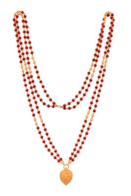 Red beads LONG two strand necklace with cross pendant one gram gold 3