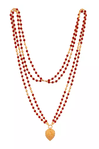 Red beads LONG two strand necklace with cross pendant one gram gold