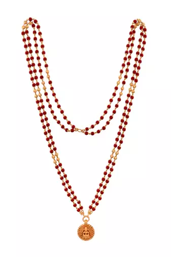 Red beads two strand necklace with Big Laxmi coin pendant one gram gold