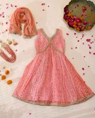 Girls's peach bandhani anarkali set with dupatta 1