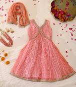 Girls's peach bandhani anarkali set with dupatta