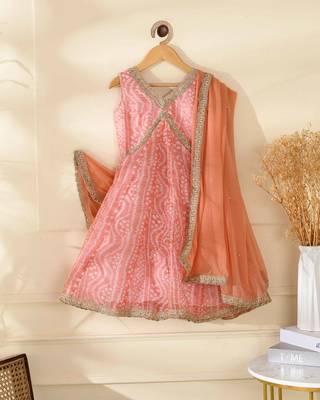 Girls's peach bandhani anarkali set with dupatta 2