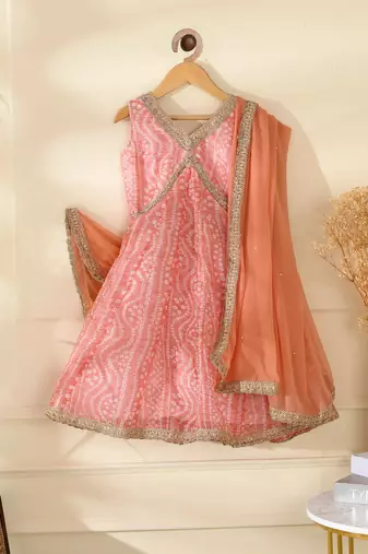 Girls's peach bandhani anarkali set with dupatta