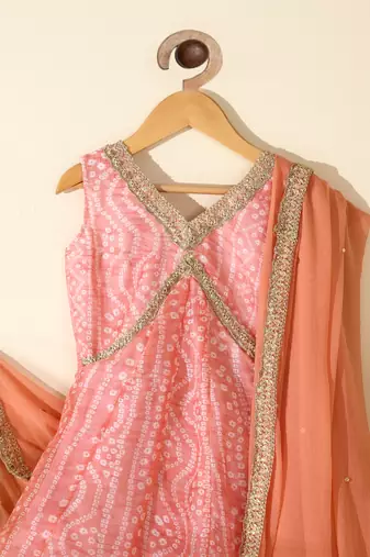 Girls's peach bandhani anarkali set with dupatta