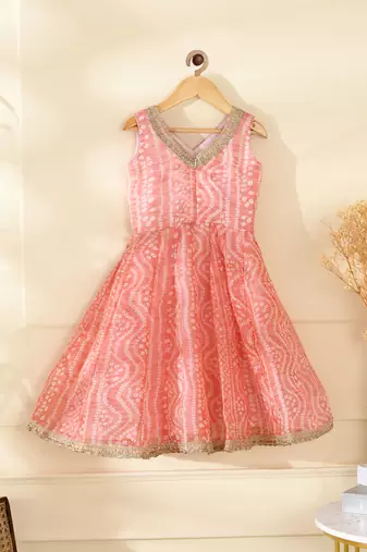 Girls's peach bandhani anarkali set with dupatta