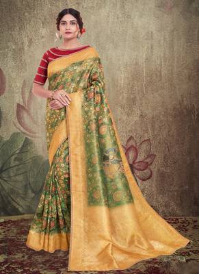 Green Tissue, Jacquard Embroidered Saree With Unstitched Blouse Piece 1