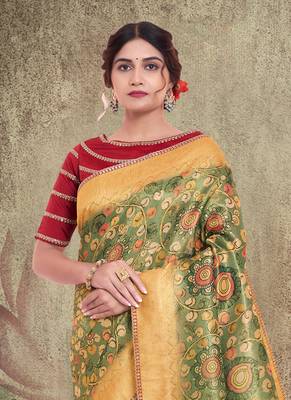 Green Tissue, Jacquard Embroidered Saree With Unstitched Blouse Piece 2