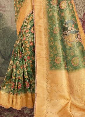 Green Tissue, Jacquard Embroidered Saree With Unstitched Blouse Piece 4