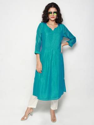Turquoise Block Print Chanderi Pleated Kurta with Pants 1