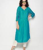 Turquoise Block Print Chanderi Pleated Kurta with Pants