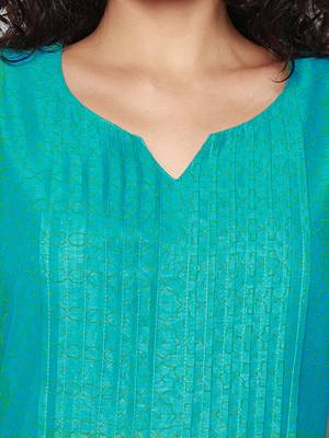Turquoise Block Print Chanderi Pleated Kurta with Pants 2