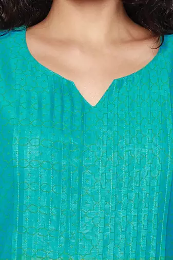 Turquoise Block Print Chanderi Pleated Kurta with Pants