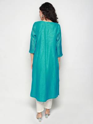 Turquoise Block Print Chanderi Pleated Kurta with Pants 3