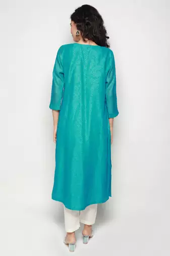 Turquoise Block Print Chanderi Pleated Kurta with Pants