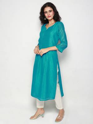 Turquoise Block Print Chanderi Pleated Kurta with Pants 4