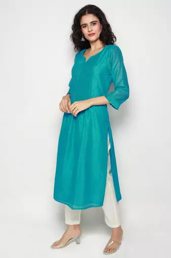 Turquoise Block Print Chanderi Pleated Kurta with Pants