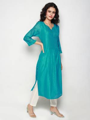 Turquoise Block Print Chanderi Pleated Kurta with Pants 5