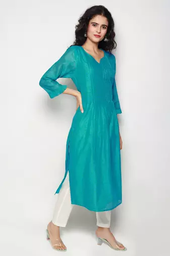 Turquoise Block Print Chanderi Pleated Kurta with Pants